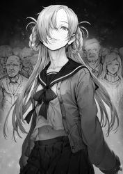 Rule 34 | braid, greyscale, hair rings, highres, liver spots, looking at viewer, monochrome, multiple boys, multiple girls, navel, novel illustration, official art, old, old man, one eye covered, sailor collar, school uniform, shirakaba, skirt, smile, sweater, twintails, urasekai picnic, urumi luna