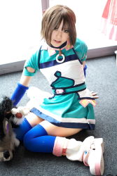 Rule 34 | 1girl, arm support, asian, blue gloves, blue thighhighs, branky, breasts, brown eyes, brown hair, cosplay, elbow gloves, fingerless gloves, gensou suikoden, gensou suikoden iii, gloves, highres, indoors, kipi-san, looking at viewer, mel, mel (cosplay), mole, photo (medium), puppet, short hair, sitting, small breasts, stuffed animal, stuffed toy, thighhighs, wariza, zettai ryouiki