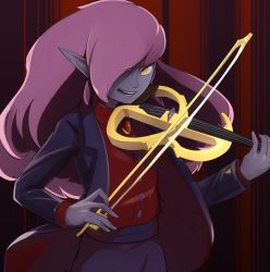 Rule 34 | 1boy, black jacket, cadence of hyrule, colored skin, cowboy shot, formal, gem, hair over one eye, instrument, jacket, long hair, looking at viewer, lore, male focus, music, octavo, open mouth, playing instrument, pointy ears, purple hair, purple skin, red shirt, shirt, smile, violin, yellow eyes