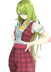 Rule 34 | 1girl, ascot, bow, colored eyelashes, green eyes, green hair, hair over one eye, hands on own hips, kazami yuuka, kazami yuuka (pc-98), long hair, one eye covered, pants, plaid, plaid pants, plaid vest, puffy short sleeves, puffy sleeves, shirt, short sleeves, simple background, smile, solo, tohoyuukarin, touhou, touhou (pc-98), vest, white shirt