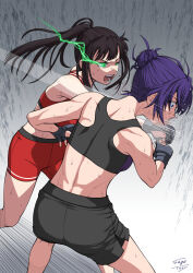 Rule 34 | 2girls, abs, artist name, attack, back, black shorts, black sports bra, blood, blood from mouth, blue eyes, borrowed character, brown hair, character request, commission, fangs, fingerless gloves, gloves, gradient background, green eyes, grey background, hair bun, hair flowing over, lightning, long bangs, midriff, mixed martial arts, mma gloves, motion blur, motion lines, multiple girls, muscular, muscular female, open mouth, original, pixiv commission, ponytail, punching, purple hair, purple sports bra, red shorts, red sports bra, sage tory, shaded face, shorts, signature, slit pupils, sports bra, sweat, white background