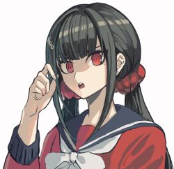 Rule 34 | 1girl, blunt bangs, brown hair, commentary request, danganronpa (series), danganronpa v3: killing harmony, grey background, hair ornament, hair scrunchie, hand up, harukawa maki, highres, holding, holding own hair, long hair, long sleeves, looking at viewer, low twintails, mole, mole under eye, open mouth, red eyes, red scrunchie, red shirt, school uniform, scrunchie, shirt, solo, teeth, twintails, upper teeth only, visket53