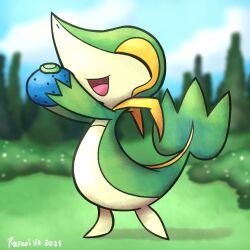 Rule 34 | berry (pokemon), closed eyes, creatures (company), dated, food, game freak, gen 5 pokemon, holding, nintendo, no humans, open mouth, oran berry, pokemon, pokemon (creature), rafvicalv, signature, smile, snivy, solo, standing