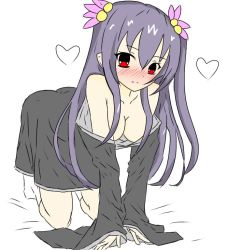 Rule 34 | asuto110, bare shoulders, black hair, blush, breasts, cleavage, embarrassed, flustered, frown, hair ornament, hairclip, japanese clothes, kimono, long hair, medium breasts, neptune (series), red eyes, skirt, tsundere, twintails, two side up, uni (neptunia), yukata