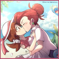 Rule 34 | 2girls, alt text, alternate universe, beach, blush, brown eyes, brown hair, closed mouth, commentary, creatures (company), delia ketchum, english commentary, game freak, gen 1 pokemon, gen 2 pokemon, gen 3 pokemon, highres, instagram logo, instagram username, jessie (pokemon), kiss, looking at another, mapestudios, multiple girls, nintendo, oddish, pokemon, pokemon (anime), pokemon (classic anime), pokemon (creature), red hair, twitter logo, twitter username, what, wiglett, wingull, wobbuffet, yuri