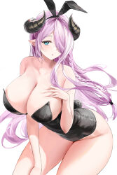 Rule 34 | 1girl, absurdres, alternate costume, animal ears, bare shoulders, black leotard, blue eyes, blush, braid, breasts, cleavage, commission, cowboy shot, crown braid, fake animal ears, fake tail, floating hair, granblue fantasy, groin, hair ornament, hair over one eye, hand on own chest, highleg, highleg leotard, highres, horns, huge breasts, leaning forward, leotard, lillly, long hair, looking at viewer, narmaya (granblue fantasy), one eye covered, parted lips, pixiv commission, playboy bunny, pointy ears, purple hair, rabbit hair ornament, rabbit tail, side braid, simple background, solo, strapless, strapless leotard, tail, thighs, white background