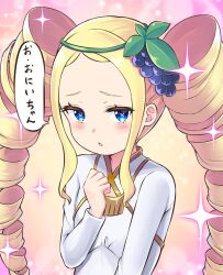 Rule 34 | 1girl, alternate costume, beatrice (re:zero), blonde hair, blue eyes, blush, chestnut mouth, commentary request, drill hair, food, food-themed hair ornament, fruit, fruit hair ornament, grape hair ornament, grapes, hair ornament, long hair, looking at viewer, open mouth, pink pupils, re:zero kara hajimeru isekai seikatsu, s (hdru2332), shirt, solo, sparkle, speech bubble, symbol-shaped pupils, translation request, twin drills, twintails, white shirt