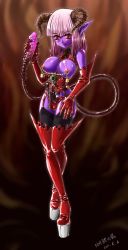 Rule 34 | 1futa, bare shoulders, breasts, colored skin, copyright request, corset, cum, demon girl, dildo, ejaculation, erection, full body, futanari, garter belt, high heels, highres, horns, jackhejc, large breasts, latex, linked piercing, nipple piercing, nipples, object insertion, penis, penis wrap, piercing, pointy ears, purple skin, red eyes, sex toy, solo, standing, tail, urethral insertion
