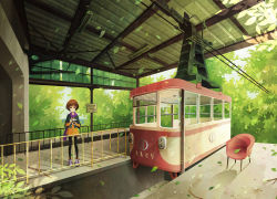 Rule 34 | 1girl, abandoned, autumn, brown eyes, brown hair, building, cable, cable car, camera, chair, day, door, dress, espiral bonita, looking at viewer, original, outdoors, pantyhose, photographer, plant, scarf, scenery, shadow, shoes, short hair, smile, standing, station, train, tree, urban exploration, vehicle, wire