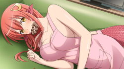 Rule 34 | 1girl, apron, artist request, breasts, cleavage, doughnut, facial mark, food, game cg, hair between eyes, hair ornament, hairclip, lamia, large breasts, long hair, looking at viewer, miia (monster musume), monster girl, monster musume no iru nichijou, monster musume no iru nichijou online, mouth hold, official alternate costume, official art, pink apron, pointy ears, pon de ring, red scales, scales, slit pupils, solo, yellow eyes