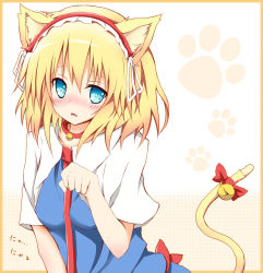 Rule 34 | 1girl, alice margatroid, animal ears, bad id, bad pixiv id, bell, blonde hair, blue eyes, blush, border, cat ears, cat girl, collar, fang, female focus, hairband, highres, karamoneeze, kemonomimi mode, looking at viewer, neck bell, necktie, paw pose, short hair, simple background, solo, touhou, translation request, white background