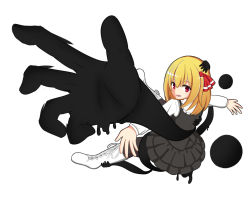 Rule 34 | 1girl, :d, boots, cross-laced footwear, darkness, dress shirt, ink, looking at viewer, open mouth, orb, outstretched arms, pantyhose, red eyes, rumia, shirt, short hair, skirt, smile, solo, takapi 3, touhou, vest, white footwear