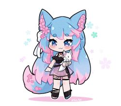 Rule 34 | 1girl, animal ear fluff, animal ears, bare shoulders, black footwear, black leotard, black shirt, blue eyes, blue hair, blush, bow, cherry blossoms, chibi, closed mouth, colored shadow, commission, fang, fang out, floral background, flower, full body, hair bow, hair flower, hair ornament, kurotofu, leotard, long hair, multicolored hair, off-shoulder shirt, off shoulder, outline, pink flower, pink hair, see-through, shadow, shirt, shoes, silvervale, silvervale (5th costume), smile, solo, standing, streaked hair, tail, thick outlines, very long hair, virtual youtuber, vshojo, white background, white bow, white outline