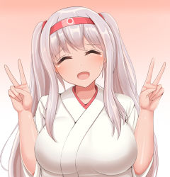 Rule 34 | 1girl, alternate hairstyle, bad id, bad pixiv id, bakaroba, blush, breasts, gradient background, hair ornament, hair ribbon, hairband, headband, highres, japanese clothes, kantai collection, kimono, large breasts, long hair, open mouth, ribbon, shoukaku (kancolle), silver hair, smile, solo, twintails, twintails day, white kimono