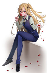 Rule 34 | 1girl, azur lane, black footwear, black neckwear, blonde hair, blue pants, blue vest, cleveland (azur lane), cleveland (gentry knight) (azur lane), closed mouth, collared shirt, commentary request, crossed legs, fingernails, flower, full body, hair between eyes, highres, holding, holding flower, kiyosato 0928, long hair, long sleeves, looking at viewer, necktie, one side up, pants, petals, red eyes, red flower, red rose, rose, rose petals, shirt, shoes, sitting, solo, striped neckwear, vertical-striped clothes, vertical-striped necktie, vertical-striped neckwear, very long hair, vest, white background, white shirt