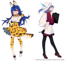 Rule 34 | 10s, 2girls, ;d, animal ears, backpack, bag, bare shoulders, bili girl 22, bili girl 33, bilibili, black legwear, blue hair, blush, bow, bowtie, brown bow, brown footwear, cosplay, drawing tablet, elbow gloves, extra ears, fang, gloves, hand on own hip, hat feather, head tilt, helmet, high-waist skirt, holding, holding stylus, index finger raised, kaban (kemono friends), kaban (kemono friends) (cosplay), kemono friends, loafers, long hair, looking at viewer, multiple girls, one eye closed, open mouth, pantyhose, pith helmet, print gloves, print legwear, print neckwear, print skirt, profile, prophet chu, red eyes, red shirt, serval (kemono friends), serval (kemono friends) (cosplay), serval print, serval tail, shirt, shoes, short shorts, short sleeves, shorts, simple background, skirt, sleeveless, sleeveless shirt, smile, standing, striped tail, stylus, tail, thighhighs, very long hair, white background, white footwear, white shirt, white shorts