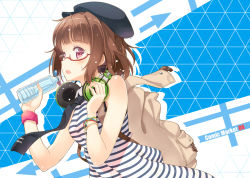 Rule 34 | 1girl, bag, bottle, brown hair, casual, comiket, dress, glasses, hat, headphones, headphones around neck, holding, hyuuga azuri, looking at viewer, open mouth, original, red eyes, rimless eyewear, short hair, shoulder bag, solo, striped clothes, striped dress, sweat, water bottle, wristband