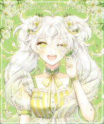 Rule 34 | :d, antenna hair, bad id, bad pixiv id, blush, braid, choker, collarbone, commentary, dress, earrings, flower, flower earrings, frills, green eyes, green hair, hair between eyes, hair flower, hair ornament, highres, holding, holding flower, jewelry, long hair, looking at viewer, neck ribbon, open mouth, original, personification, red ribbon, ribbon, see-through, see-through sleeves, short sleeves, smile, solo, striped clothes, striped dress, striped ribbon, ttori, twintails, upper body, vertical-striped clothes, vertical-striped dress, water drop, wet, wet hair, white hair, yellow dress