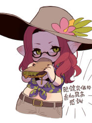 Rule 34 | 1girl, belt, bikini, black bikini, black nails, brown belt, commentary request, final fantasy, final fantasy xiv, flat chest, food, front-tie top, glasses, green eyes, hat, highres, holding, holding food, lalafell, midriff, pointy ears, red hair, semi-rimless eyewear, solo, swimsuit, taco, translation request, under-rim eyewear, upper body, warrior of light (ff14), zombiemiso
