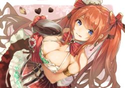 Rule 34 | 1girl, armband, bare shoulders, blue eyes, blush, bow, bowl, breasts, candy, chain, character request, chocolate, chocolate heart, cleavage, closed mouth, collarbone, commentary request, cookie, cruel gz, dress, food, frills, hair between eyes, hat, heart, holding, large breasts, long hair, looking at viewer, mini hat, orange hair, oven mitts, red bow, red ribbon, ribbon, sennen sensou aigis, solo, standing, tongue, tongue out, twintails, very long hair, yellow ribbon