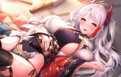 Rule 34 | 1girl, :d, antenna hair, azur lane, bare hips, black panties, black ribbon, black thighhighs, blush, bottle, breasts, checkered sash, commentary request, drunk, headgear, highres, japanese clothes, large breasts, long hair, long sleeves, lying, mole, mole on breast, multicolored hair, nail polish, obi, on back, on floor, open mouth, oyuwari, panties, prinz eugen (azur lane), prinz eugen (profusion of flowers) (azur lane), red eyes, red hair, red nails, ribbon, sake bottle, sash, side-tie panties, sideboob, silver hair, smile, solo, streaked hair, swept bangs, tatami, thighhighs, two-tone hair, two side up, underwear, very long hair, wide hips, wide sleeves