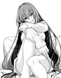 Rule 34 | 1girl, fate/grand order, fate (series), greyscale, long hair, looking at viewer, miyashiro sousuke, monochrome, scathach (fate), scathach (fate), solo, sweater