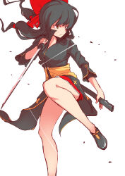 1girl arms_up bare_legs black_footwear black_hair bow chiganemaru_(tenka_hyakken) closed_mouth commentary_request gold_trim hair_bow highres holding holding_sword holding_weapon knee_up long_hair long_sleeves low_twintails red_bow red_skirt scabbard sheath sidelocks skirt solo sword tenka_hyakken tominofujin twintails wakizashi weapon white_background yellow_eyes