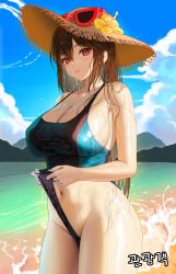Rule 34 | 1girl, absurdres, bare arms, bare shoulders, black one-piece swimsuit, breasts, brown hair, brown hat, cleavage, clothes pull, commission, covered erect nipples, cowboy shot, creatures (company), eyewear on headwear, game freak, groin, hat, highres, large breasts, long hair, looking at viewer, myabit, nail polish, navel, nintendo, npc trainer, one-piece swimsuit, one-piece swimsuit pull, parted lips, pokemon, pokemon sm, red eyes, second-party source, sidelocks, sightseer (pokemon), solo, stomach, straw hat, sunglasses, swimsuit, thighs, water, wet