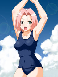 Rule 34 | 1girl, armpits, arms up, bare legs, blue one-piece swimsuit, blue sky, blush, breasts, cloud, collarbone, facing viewer, forehead protector, green eyes, hands up, happy, haruno sakura, lens flare, looking at viewer, naruto, naruto (series), one-piece swimsuit, open mouth, outdoors, pink hair, ponzu rui, school swimsuit, short hair, sky, sleeveless, smile, solo, standing, sun, sunlight, swimsuit