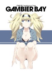 Rule 34 | 1girl, barefoot, blonde hair, blue eyes, blue shirt, blush, breast pocket, breasts, character name, cleavage, collared shirt, english text, gambier bay (kancolle), gloves, hair between eyes, hairband, kantai collection, large breasts, long hair, pocket, shigino sohuzi, shirt, short sleeves, simple background, solo, twintails