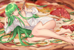 Rule 34 | 1girl, arm support, artist name, ass, bare legs, barefoot, breasts, c.c., cheese, code geass, collarbone, collared shirt, commentary, commission, dated, dress shirt, eating, english commentary, food, green hair, holding, holding food, long hair, long sleeves, lucidsky, lying, no bra, on side, open clothes, open shirt, parted lips, pizza, pizza slice, shirt, small breasts, smile, solo, unbuttoned, unbuttoned shirt, very long hair, white shirt, yellow eyes