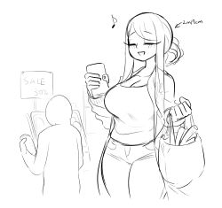 Rule 34 | 1girl, arrow (symbol), bag, blush, breasts, character request, cleavage, closed eyes, coat, commentary, copyright request, cowboy shot, curvy, greyscale, height, height difference, highres, holding, holding bag, large breasts, little j, monochrome, musical note, open mouth, pants, percentage, sale, shopping, shopping bag, short hair with long locks, short ponytail, sign, simple background, sketch, smile, standing, tall female, wallet, white background