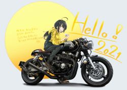 Rule 34 | 1girl, 2021, absurdres, ahoge, black footwear, black hair, boots, can, coffee, cup, dora (dr3032), hair ornament, hair tie, hairclip, happy new year, highres, holding, holding cup, jacket, motor vehicle, motorcycle, new year, open mouth, original, pants, ponytail, smile, solo, teacup, thick eyebrows, vehicle focus, vehicle request, yamaha, yellow eyes, yellow jacket