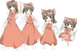 Rule 34 | 1girl, :&lt;, age comparison, aged up, brown hair, chibi, child, detached sleeves, female focus, gohei, hakurei reimu, japanese clothes, miko, multiple views, ofuda, ribbon, sanoharu, simple background, standing, touhou, white background