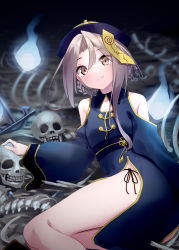 Rule 34 | 1girl, absurdres, alternate costume, alternate hairstyle, bone, breasts, brown eyes, chinese clothes, clothing cutout, halloween, halloween costume, hat, highres, jiangshi, jiangshi costume, kantai collection, light brown hair, natsuki (gedo), ofuda, qingdai guanmao, shoulder cutout, skull, small breasts, smile, solo, spine, talisman, zuihou (kancolle)