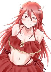 Rule 34 | 1girl, artist name, bare shoulders, bikini, blush, breasts, cordelia (fire emblem), fire emblem, fire emblem awakening, fire emblem heroes, frills, hair lift, hair ornament, long hair, looking at viewer, medium breasts, nintendo, pointy ears, red eyes, red hair, shell, smile, solo, starfish, swimsuit, winged hair ornament