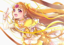 Rule 34 | 1girl, :d, absurdres, agura dou, backlighting, bow, brooch, bubble skirt, choker, circlet, cowboy shot, cure muse (yellow), earrings, frills, hair bow, heart, heart earrings, highres, jewelry, leaning forward, long hair, looking at viewer, magical girl, open mouth, orange hair, pink eyes, precure, shirabe ako, signature, simple background, skirt, smile, solo, suite precure, white background, yellow bow, yellow neckwear, yellow skirt, yellow theme