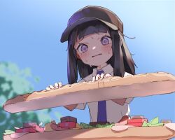 Rule 34 | 1girl, black hair, black hat, blue sky, blunt bangs, blush, commentary request, creatures (company), day, food, game freak, hat, holding, holding food, juliana (pokemon), lettuce, long hair, necktie, nintendo, open mouth, outdoors, pokemon, pokemon sv, purple eyes, sandwich, sausage, shindou kamichi, shirt, short sleeves, sky, solo, sweat, tearing up, tears, tomato, upper body, white shirt