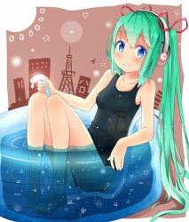 Rule 34 | 1girl, bad id, bad pixiv id, barefoot, blue eyes, colored eyelashes, green hair, hatsune miku, headphones, hose, long hair, one-piece swimsuit, r star, school swimsuit, sitting, smile, solo, swimsuit, very long hair, vocaloid, wading pool
