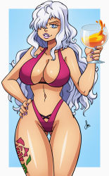 Rule 34 | 1girl, beach, bikini, blue eyes, breasts, charlotte smoothie, cleavage, curvy, drink, food, fruit, glass, hair over one eye, highres, holding, jewelry, large breasts, lipstick, long hair, looking at viewer, makeup, navel, necklace, ocean, one piece, orange (fruit), sand, shiny skin, smile, solo, stomach, swimsuit, tattoo, thick thighs, thighs, wide hips