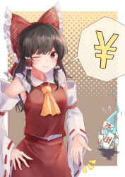 Rule 34 | 1girl, ascot, bare shoulders, black hair, blush, bow, brown eyes, closed mouth, detached sleeves, hair bow, hair tubes, hakurei reimu, highres, japanese clothes, long hair, nontraditional miko, one eye closed, red bow, red skirt, ribbon-trimmed sleeves, ribbon trim, sidelocks, skirt, smile, solo, speech bubble, taguno, touhou, white sleeves, wide sleeves, yellow ascot, yen sign