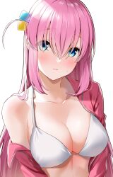 Rule 34 | 1girl, absurdres, bikini, bikini top only, blue eyes, blush, bocchi the rock!, breasts, cleavage, closed mouth, collarbone, cube hair ornament, gotoh hitori, hair between eyes, hair ornament, highres, jacket, large breasts, long bangs, long hair, looking at viewer, off shoulder, pink hair, pink jacket, solo, sweatdrop, swimsuit, totoki86, track jacket, upper body, white background, white bikini