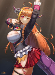 Rule 34 | 1girl, ;), ahoge, arm up, black background, blunt bangs, bow, braid, breasts, cleavage, commentary, commentary request, dragon girl, dragon horns, dragon tail, english commentary, from side, gradient background, hairband, highres, hololive, horn bow, horn ornament, horn ribbon, horns, kikino, kiryu coco, kiryu coco (1st costume), large breasts, leaning forward, long hair, long sleeves, looking at viewer, looking to the side, one eye closed, orange hair, pleated skirt, red eyes, ribbon, sidelocks, signature, single braid, skirt, smile, solo, stretching, tail, virtual youtuber