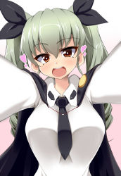 Rule 34 | 10s, 1girl, akaneman, anchovy (girls und panzer), bad id, bad pixiv id, black necktie, black ribbon, blush, breasts, brown hair, capelet, drill hair, girls und panzer, green hair, hair ribbon, heart, large breasts, long hair, long sleeves, looking at viewer, necktie, open mouth, ribbon, smile, solo, teeth, twintails, upper body