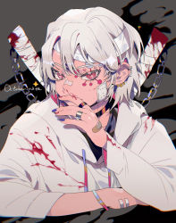 Rule 34 | 1boy, absurdres, bandage on face, bandaged head, bandages, bandaid, bandaid on face, bandaid on hand, bandaid on nose, black choker, blood, blood on clothes, blood on face, blue nails, chain, character request, chinese commentary, choker, commentary request, dated, drawstring, ear piercing, facial mark, grey background, hand up, highres, hood, hoodie, jewelry, kimetsu no yaiba, long sleeves, looking at viewer, male focus, multiple rings, nail polish, piercing, pink eyes, red nails, ring, short hair, solo, taowu (20809), upper body, uzui tengen, weapon, weapon on back, white-framed eyewear, white hoodie