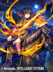 Rule 34 | 1girl, arm guards, armor, barding, belt, black hair, book, cape, company connection, company name, copyright name, copyright notice, fire emblem, fire emblem awakening, fire emblem cipher, fujikawa arika, hair ornament, holding, holding weapon, horse, horseback riding, long hair, looking at viewer, magic, moon, night, night sky, nintendo, outdoors, purple eyes, riding, sky, smile, solo, sword, tharja (fire emblem), thighhighs, weapon