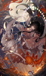Rule 34 | 2girls, artist name, bamboo, bamboo forest, black eyes, black hair, bow, burning, closed eyes, commentary, covering own mouth, danmaku, fire, forest, fujiwara no mokou, full moon, hair bow, hand over own mouth, hime cut, houraisan kaguya, japanese clothes, kawacy, kimono, long hair, moon, multiple girls, nature, ofuda, outdoors, pants, red eyes, revision, running, sleeves rolled up, smirk, torn clothes, touhou, very long hair, white hair, wide sleeves