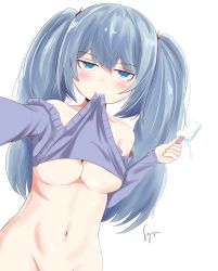 Rule 34 | 10s, 1girl, absurdres, bare shoulders, blue eyes, blush, breasts, food, groin, half-closed eyes, highres, ice cream, large breasts, lifting own clothes, long hair, long sleeves, looking at viewer, navel, no bra, no panties, off shoulder, outstretched hand, simple background, smile, smug, stomach, syyn (syyndev), tokyo ghoul, tokyo ghoul:re, twintails, underboob, very long hair, white background, yonebayashi saiko