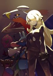 Rule 34 | 1girl, black coat, black pants, black shirt, blonde hair, closed mouth, coat, commentary request, creatures (company), cynthia (pokemon), eyelashes, fur-trimmed coat, fur trim, game freak, garchomp, gastrodon, gastrodon (west), gen 3 pokemon, gen 4 pokemon, hair ornament, hair over one eye, highres, long hair, long sleeves, looking at viewer, lucario, milotic, nintendo, pants, pokemon, pokemon (creature), pokemon dppt, rindoriko, roserade, shirt, smile, spiritomb, standing, yellow eyes
