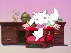 Rule 34 | :3, book, bow, bowtie, cardcaptor sakura, chair, crossed legs, g3pen, globe, kyubey, lamp, mahou shoujo madoka magica, mahou shoujo madoka magica (anime), no humans, parody, red eyes, sitting, smoking pipe, solo, table, trait connection